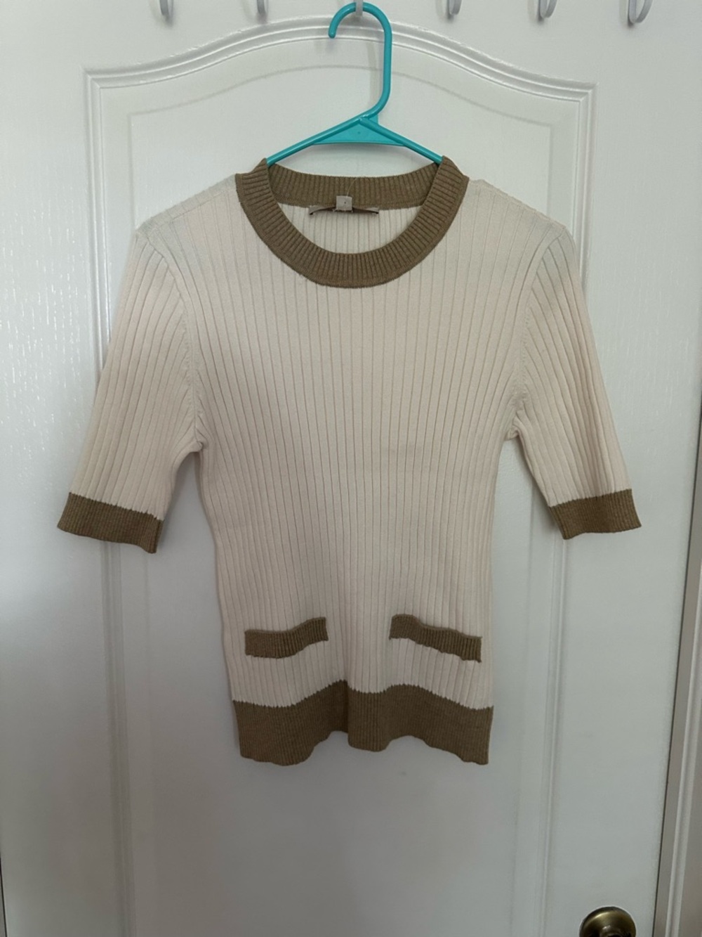 NWT Loft Old Money Ribbed top Short Sleeve Contrast Trim Cream